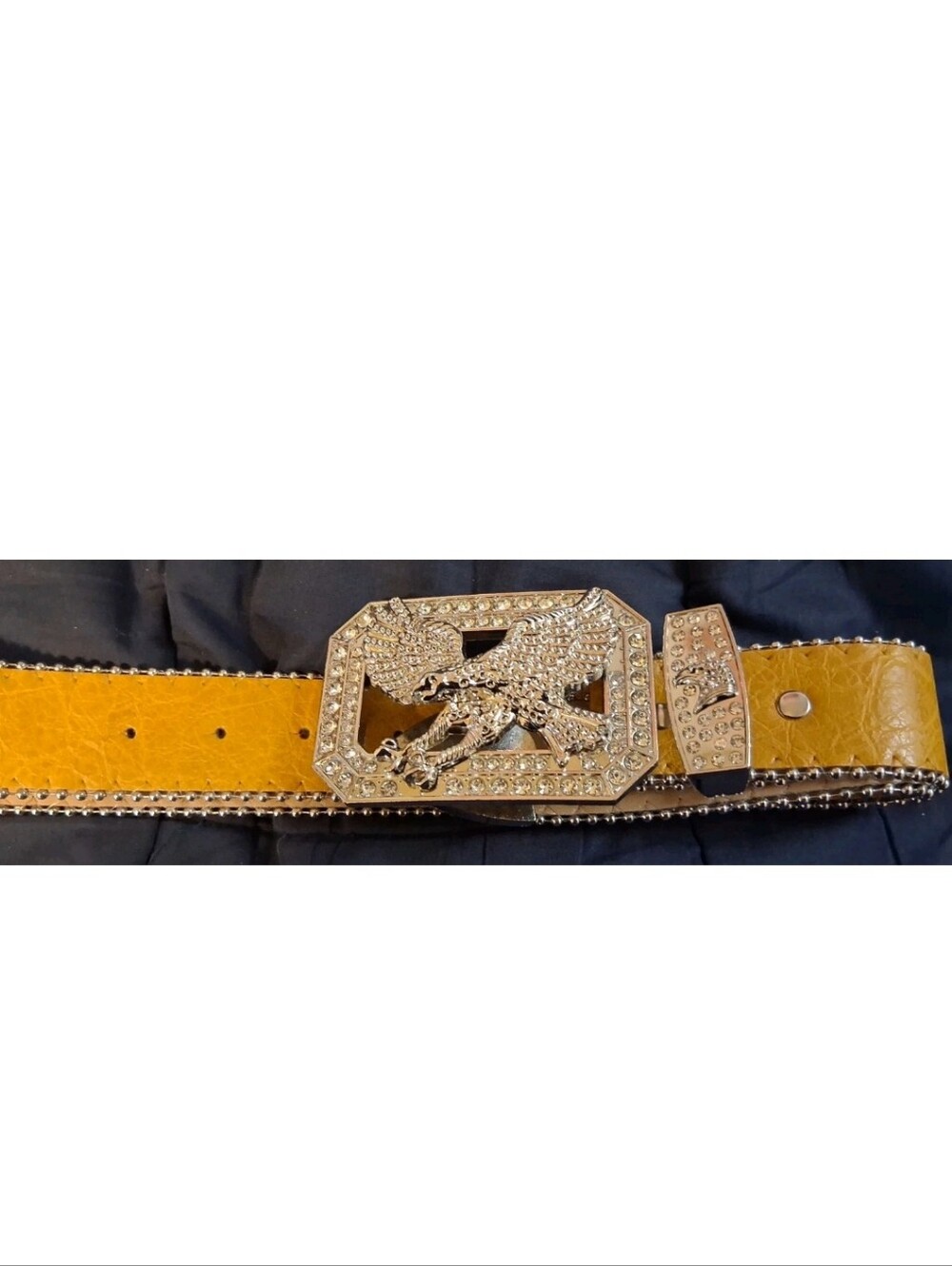 Men's Yellow Leather Belt with Decorative Eagle Crystal Buckle